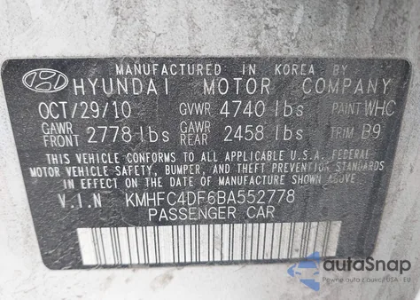 2011 Hyundai Azera Limited из США, поврежденный, VIN KMHFC4DF6BA552778